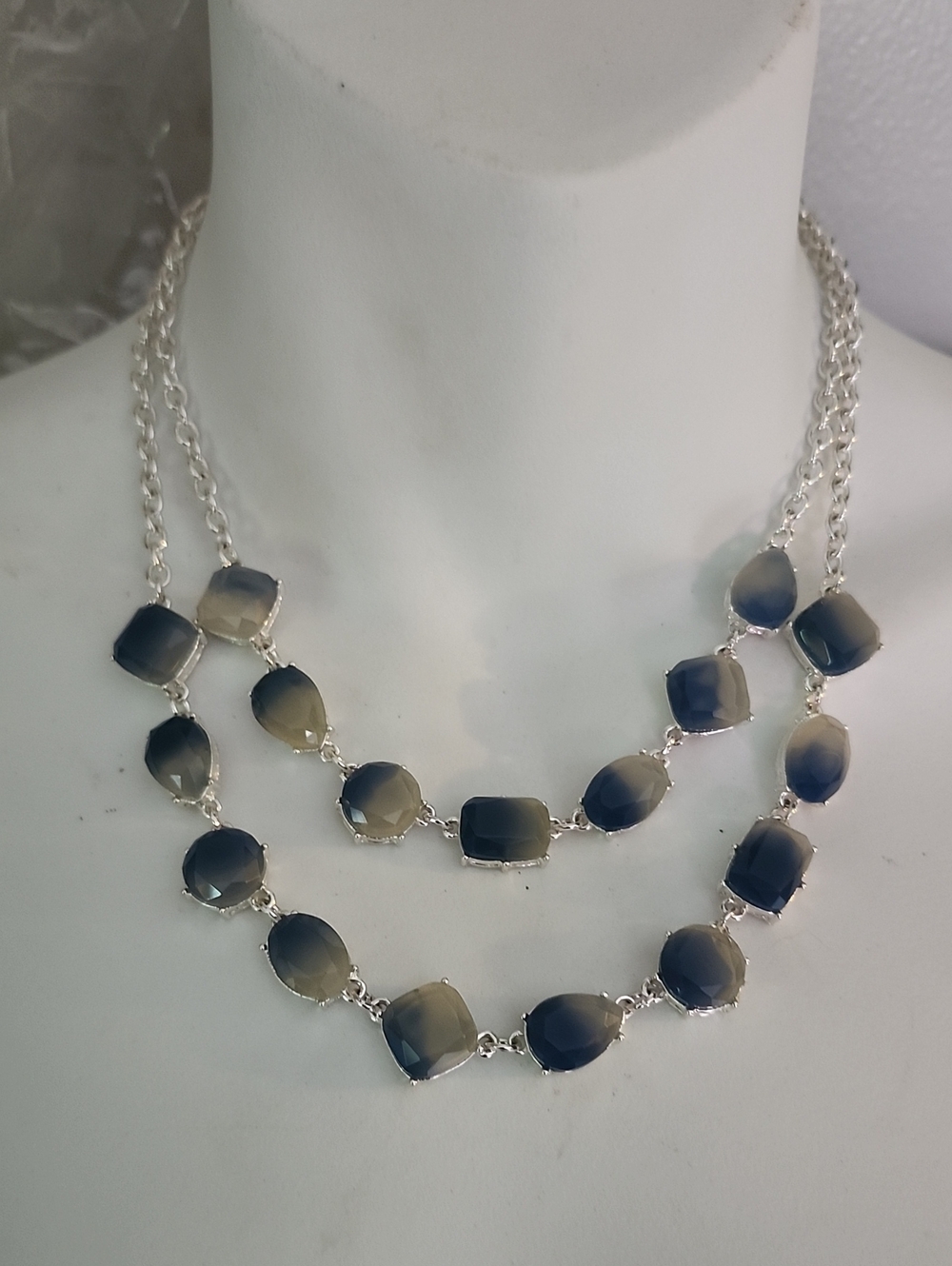Gloria Vanderbilt Silver Tone Double Strand Faceted Blue Gray Agate Necklace